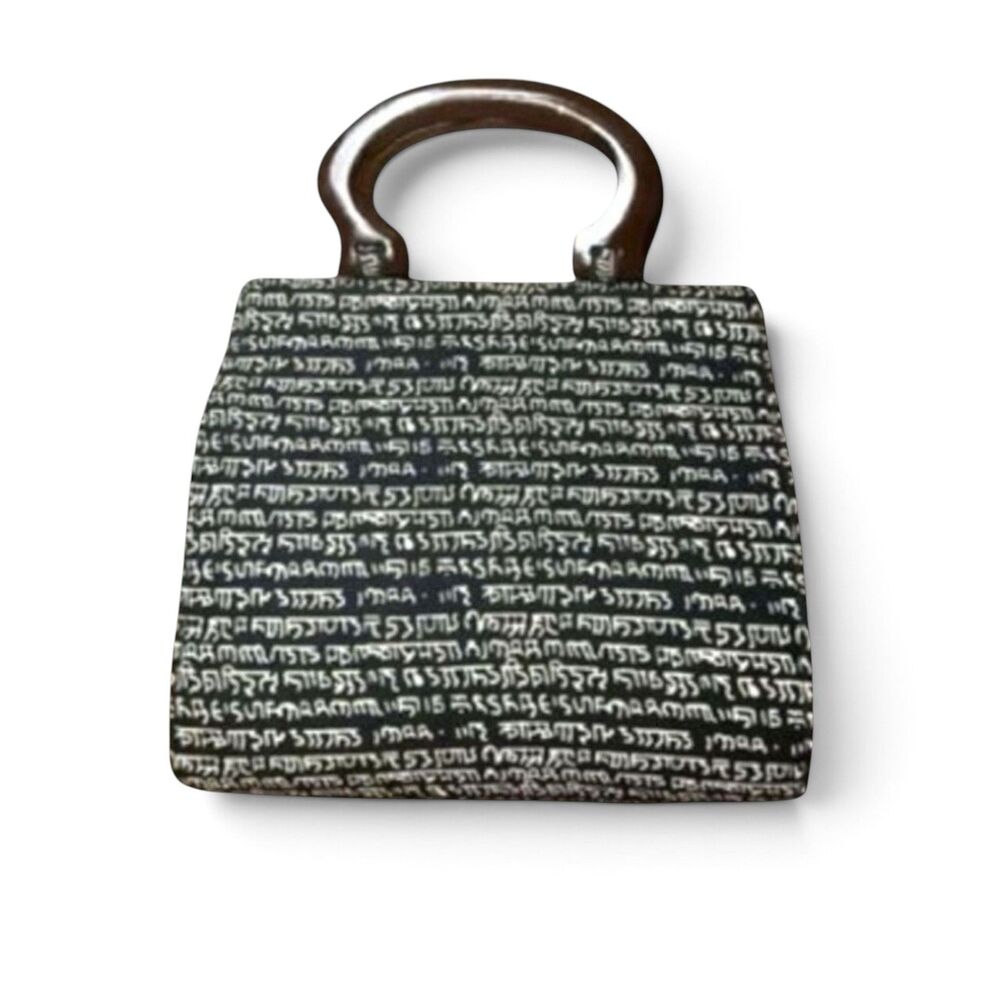 NWOT Vilenca Black White Script Print Structured Handbag Wooden Handles Vintage